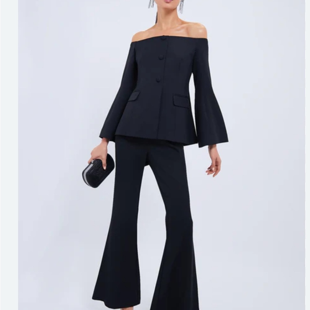 Tuckernuck Off-the-Shoulder Black Blouse with Covered Buttons - Picture 2 of 5